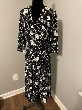 Ralph Lauren Black and White Floral Wrap Midi Dress